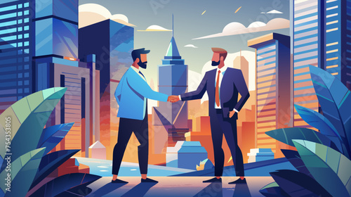 Businessmen shaking hands in a modern cityscape at sunset