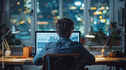 Rear view of man architect in his office front of his laptop, the screen of laptop showing performance indicators. Generative AI.