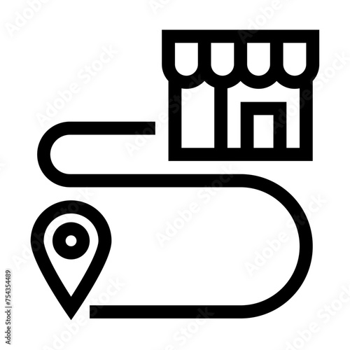 Icono de ubicación de la tienda. Encontrar tienda, ruta de supermercado, compras, trayecto. Ilustración vectorial