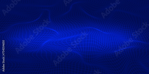 backdrop design dark blue on surface bumpy. Mesh wave pattern and moving lines on blue background. Digital science and modern technology. photo