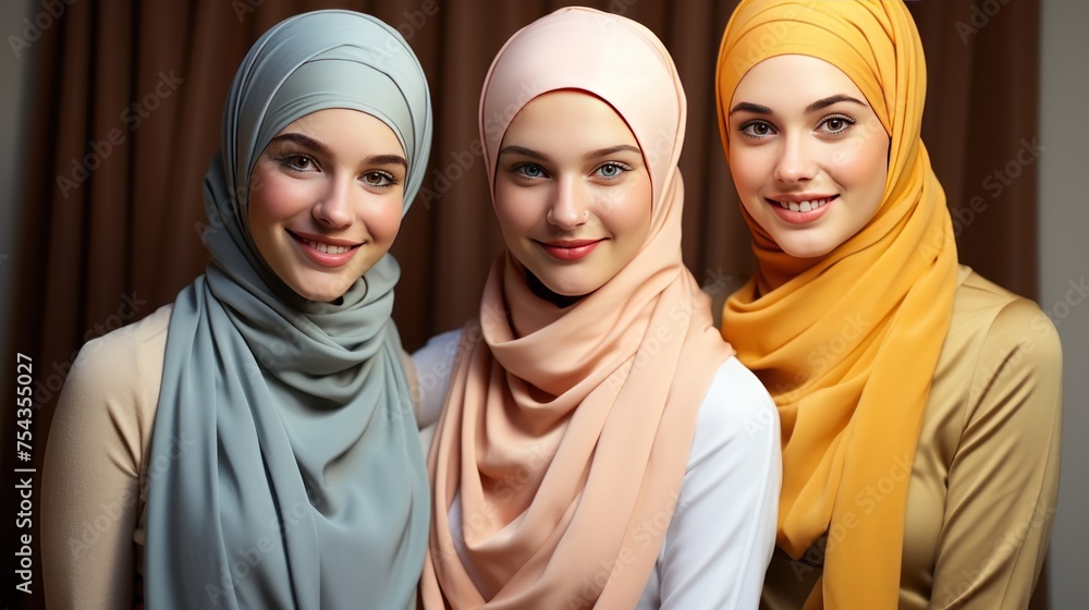 Set of Muslim women on color background
