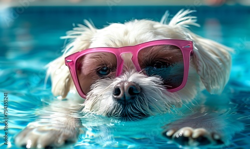 Happy dog ​​in glasses relaxes in the pool. Concept tourism, vacation.   © KDdesignphoto