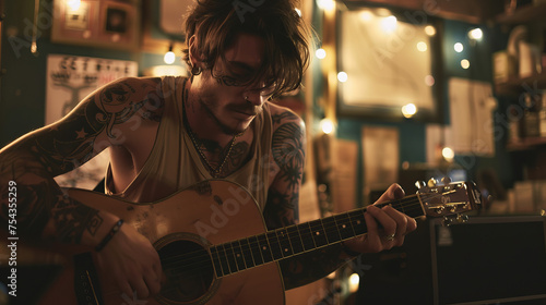Tattooed musician playing an acoustic guitar, intimate gig vibe