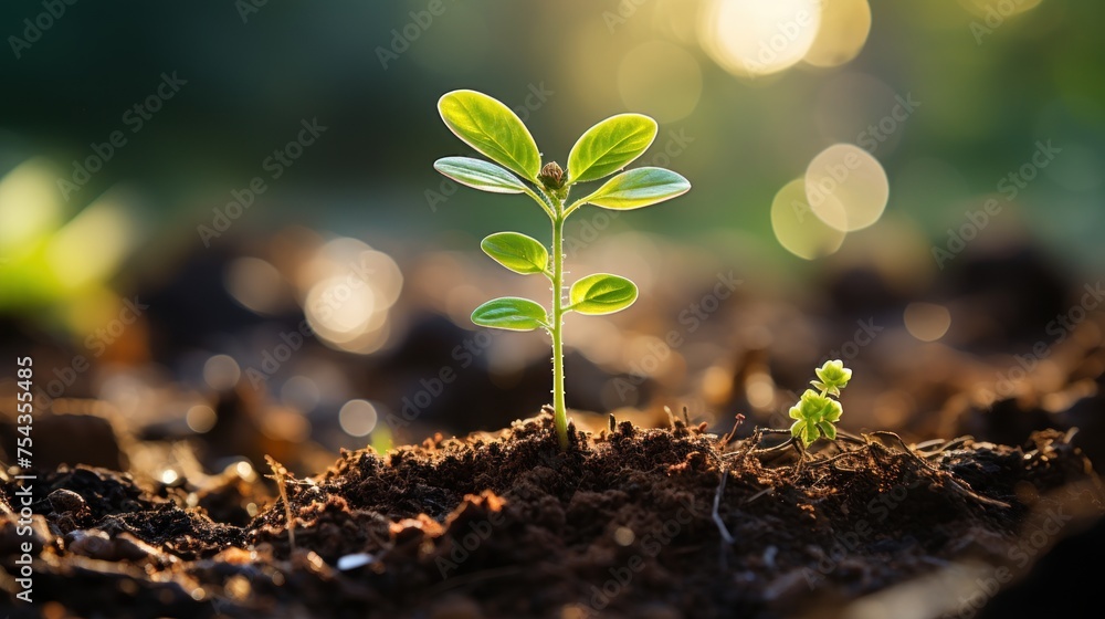 Small seedling growing in soil. Concept of new life and agriculture Small seedling growing in soil. Concept of new life and agriculture