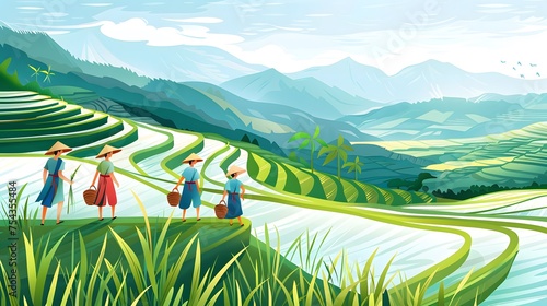 Thailand. Rice terraces agricultural sceneries. Rice fields with asian farmers. Vector illustration. People planting and grow rice in rainy season. photo