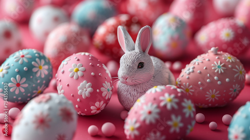 A cute toy bunny rabbit among colorful easter eggs in a fancy background. Can be used as a postcard image, or poster to celebrate Easter Day.