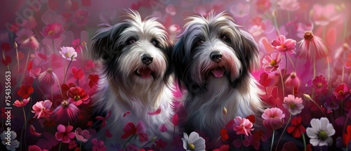 Portrait of two bearded collie, who are sitting in crimson clover. They are so cute boys. photo