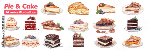 Birthday cake pieces, cut slices. Holiday desserts portions set. Sweet party food. Tasty pastry with candles, decorations, cream. Colored flat vector illustrations isolated on white background 