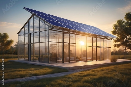 Modern Green house with solar panels installed on the roof.