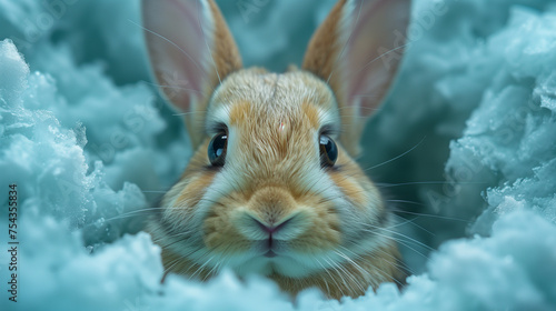 A cute bunny rabbit's face portrait among blue snow or plants. Can be used as a postcard image, or poster to celebrate Easter Day.