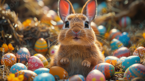A cute bunny rabbit among colorful easter eggs in a fancy background of a flower yard. Can be used as a postcard image, or poster to celebrate Easter Day.