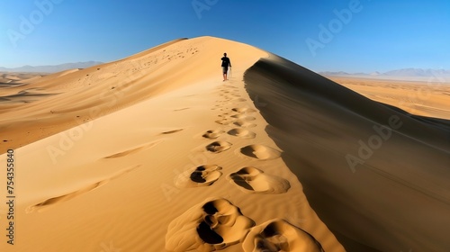 Person Walking Up Sand Dune in Desert
