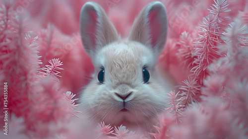 A cute bunny rabbit's face portrait among pink snow or plants. Can be used as a postcard image, or poster to celebrate Easter Day.