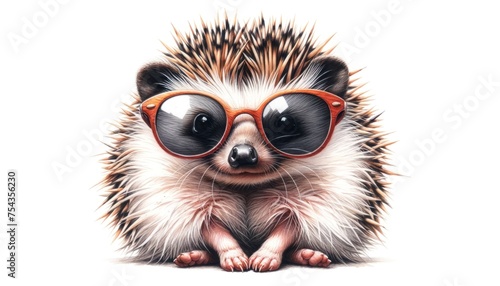 Hedgehog with orange sunglasses on white background