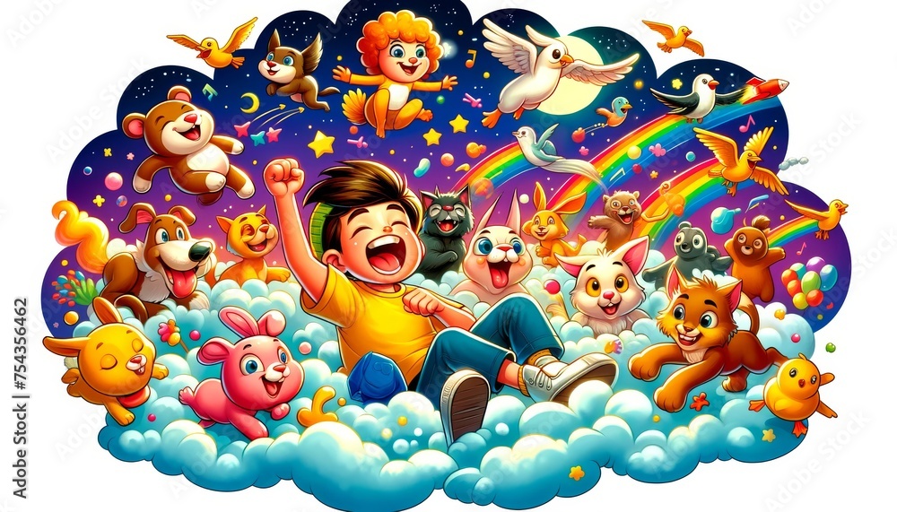 Naklejka premium Colorful illustration of a boy with fantastical animals