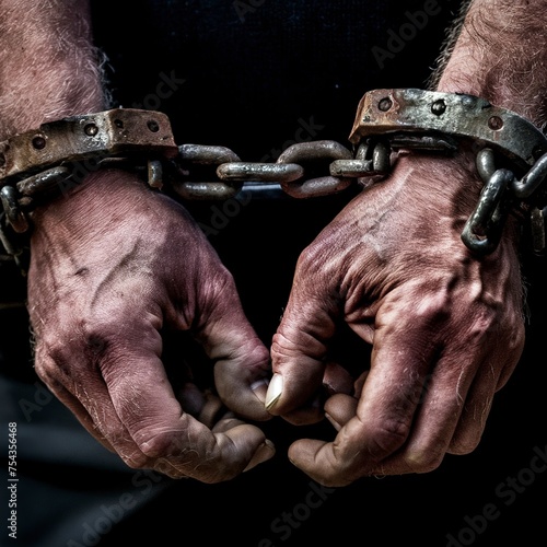 Men's hands are chained in thick steel shackles
