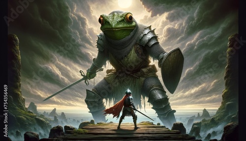 Fantasy Illustration of a Knight Confronting a Frog Warrior photo