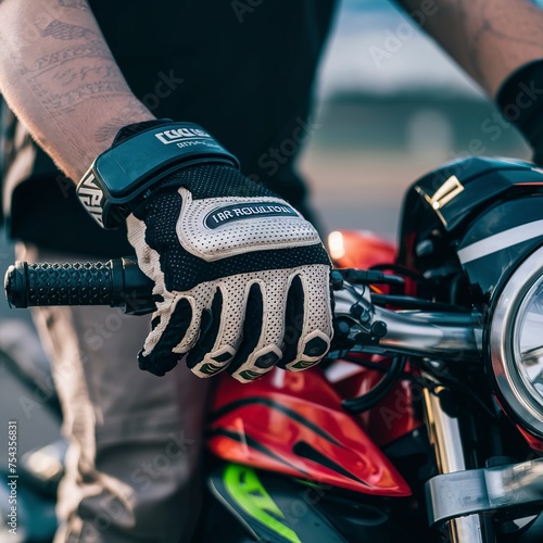 Protective moto gloves, safety gear close-up on brake handle