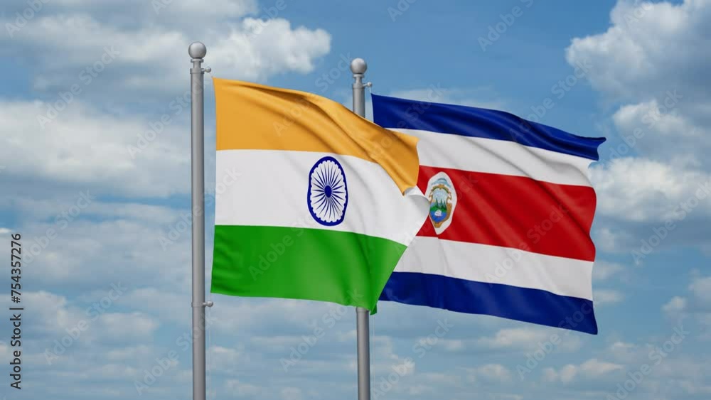 Costa Rico and India two flags waving together, looped video, two country cooperation concept Costa Rico and India two flags waving together, looped video, two country cooperation concept