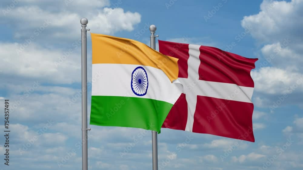Denmark and India two flags waving together, looped video, two country relations concept Denmark and India two flags waving together, looped video, two country relations concept