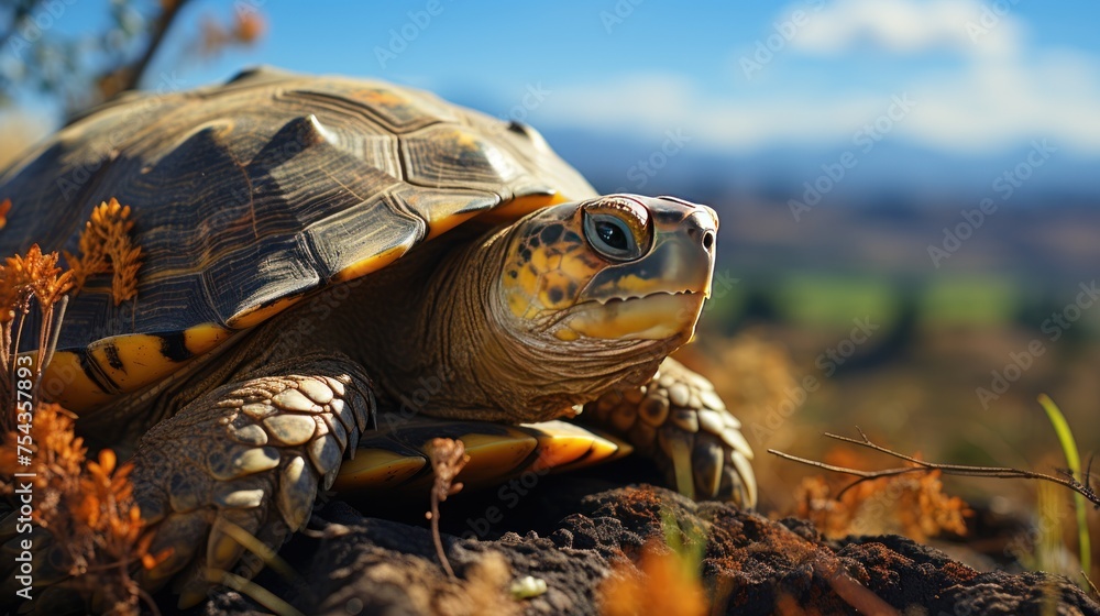 Naklejka premium Serene turtle rests on a rock, with a backdrop of clear skies and distant hills.