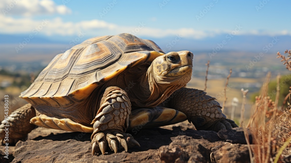 Naklejka premium Serene turtle rests on a rock, with a backdrop of clear skies and distant hills.