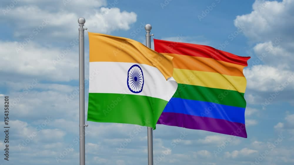 LGBT movement flag also Gay Pride and India two flags waving cycle looped video, tolerance conception in country LGBT movement flag also Gay Pride and India two flags waving cycle looped video, tolerance conception in country