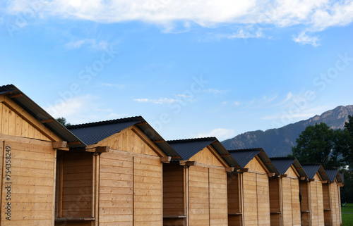 Wooden houses against the backdrop of mountains