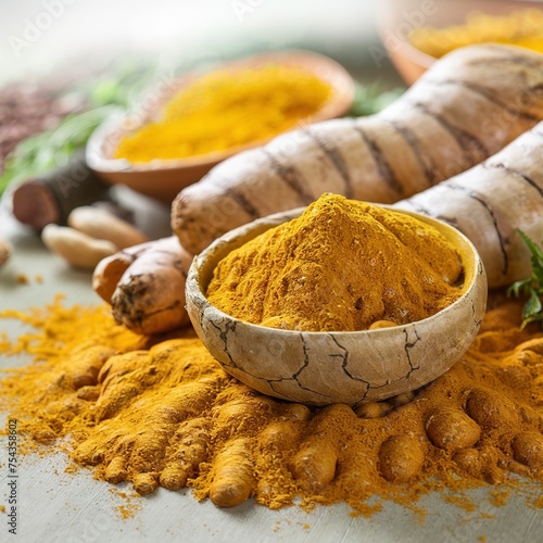 Turmeric root grated. Ingredients of ayurvedic treatment. A remedy for viruses and many diseases.