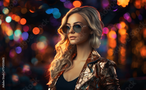Stylish Woman in Sunglasses at Nighttime City Lights