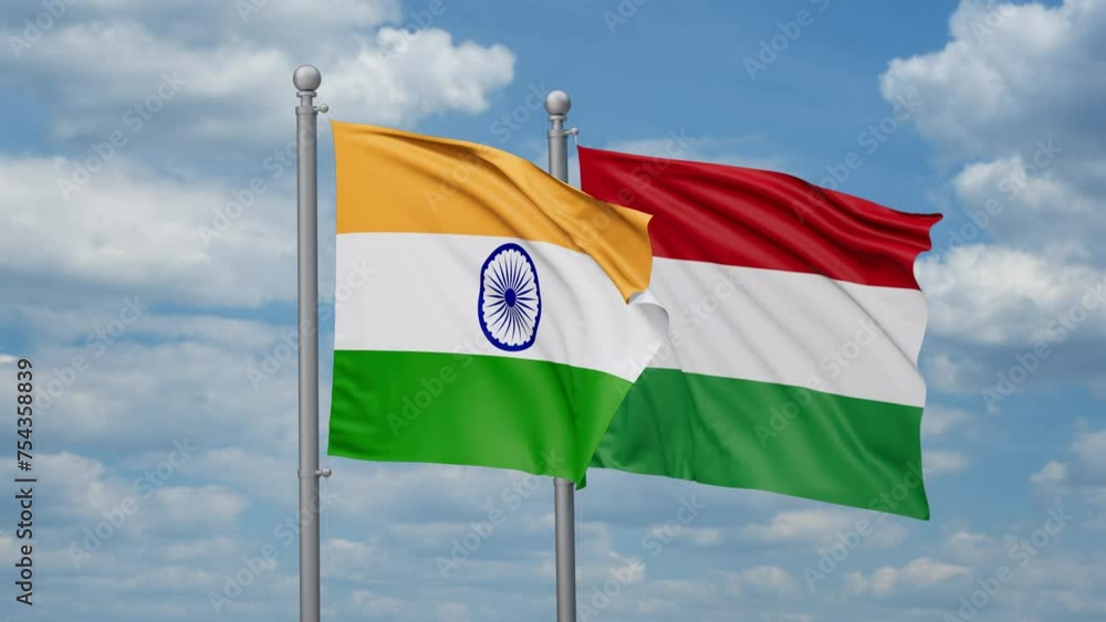 Hungary and India two flags waving together, looped video, two country relations concept Hungary and India two flags waving together, looped video, two country relations concept