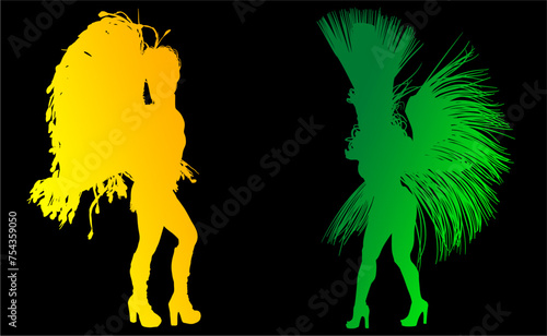 samba, baile, brasil, danza, carnaval, silueta, color, vector, pegatina, plumas, traje, ilustracion, angel, diablo	
