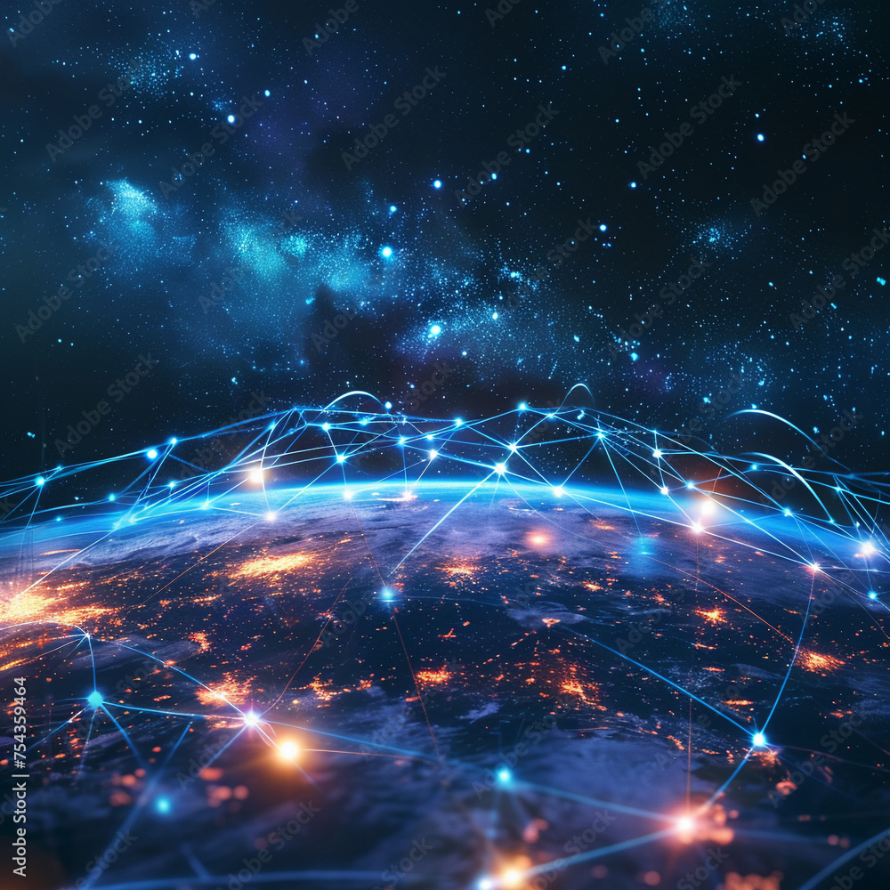 Obraz premium Worldwide tech grid interconnected data. Cybernetic planet glowing connections