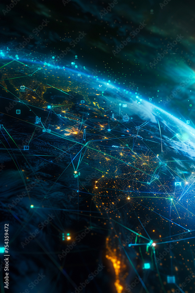 Worldwide tech grid interconnected data. Cybernetic planet glowing connections