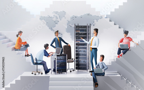 New super computer, new technology in finance personal data protection, banking, data security business. Business people stay next to rack with computers. 3D rendering