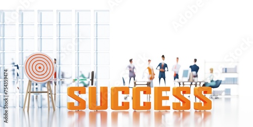 Success word and business target symbol with business people working blur at the background and copy space at white. 3D rendering