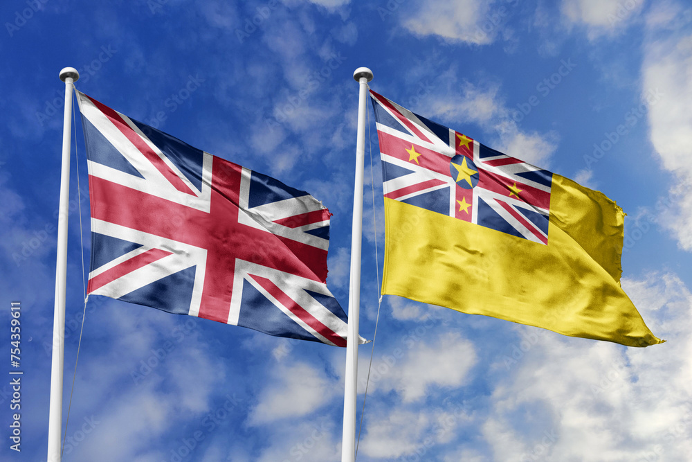 3D illustration, United Kingdom and Niue alliance and meeting, cooperation of states. 3D illustration, United Kingdom and Niue alliance and meeting, cooperation of states.