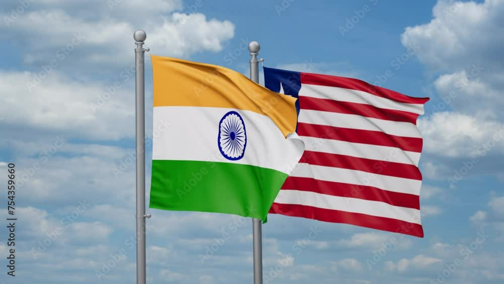 Liberia and India two flags waving together, looped video, two country cooperation concept Liberia and India two flags waving together, looped video, two country cooperation concept