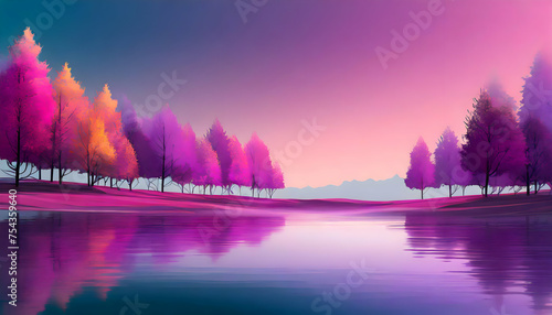 Abstract minimalist purple-pink gradient and trees landscape  Colorful autumn trees on digital art concept.