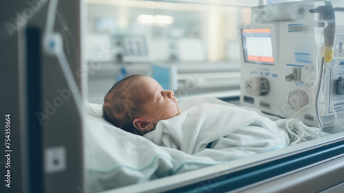 Newborn Baby Sleeping in Hospital Incubator photo