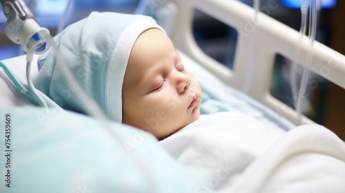 Newborn Baby Sleeping in Hospital Crib photo