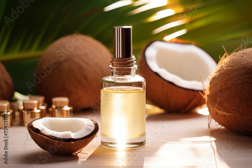 Golden coconut oil in a transparent bottle, surrounded by straw, walnuts, and a halved coconut, against a lush palm leaf backdrop. Concept for natural wellness and organic beauty.
