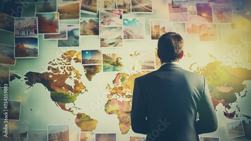 Man Planning Travel Destinations with World Map and Photos