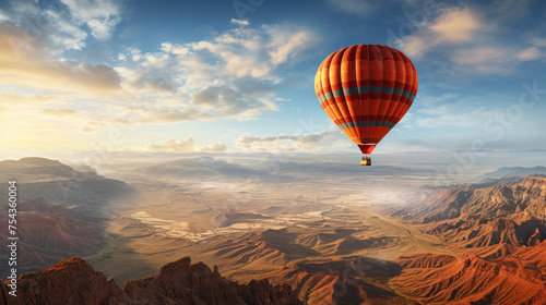 Hot Air Balloon Drifting Over Mountainous Desert Terrain