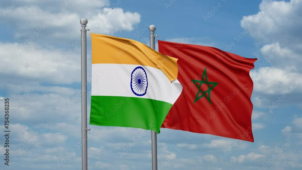 Morocco and India two flags waving together, looped video, two country relations concept Morocco and India two flags waving together, looped video, two country relations concept