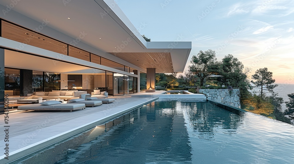Modern Residence with a Stunning Pool and Floating Deck, With beauty of the landscape and infinity pool. Generative AI.