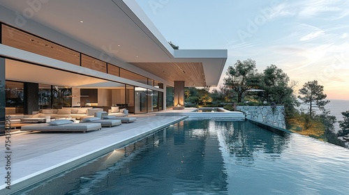 Modern Residence with a Stunning Pool and Floating Deck, With beauty of the landscape and infinity pool. Generative AI. © visoot