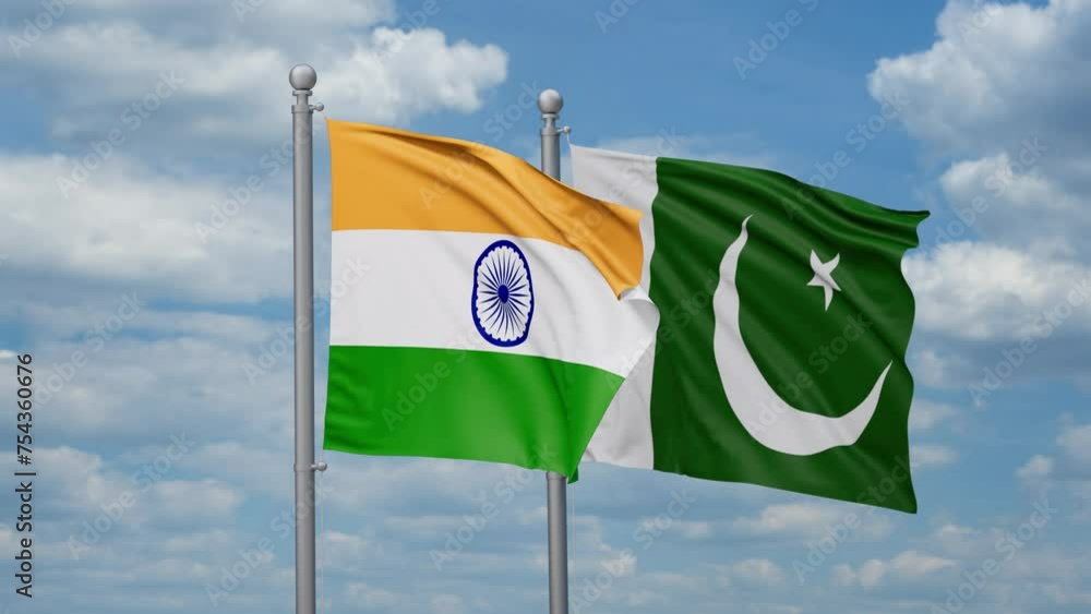 Pakistan and India two flags waving together, looped video, two country relations concept Pakistan and India two flags waving together, looped video, two country relations concept
