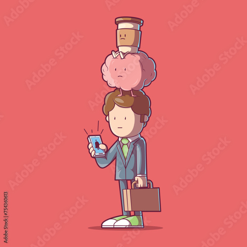A Businessman, with a brain and a coffee character on top of his head vector illustration. Business design concept. (ID: 754360613)