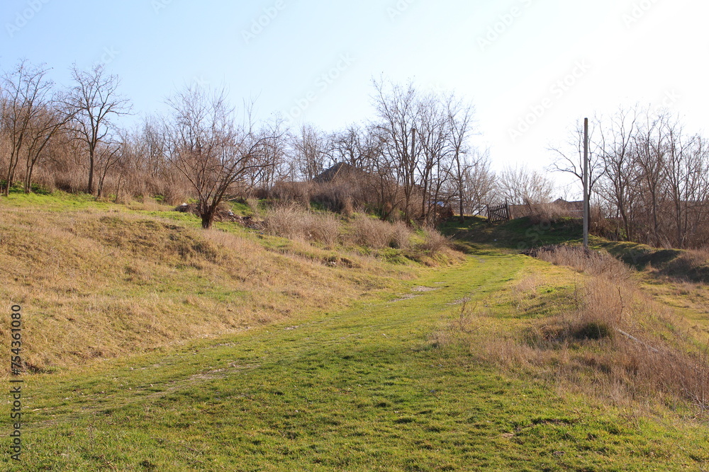 A grassy field with trees and a fence A grassy field with trees and a fence